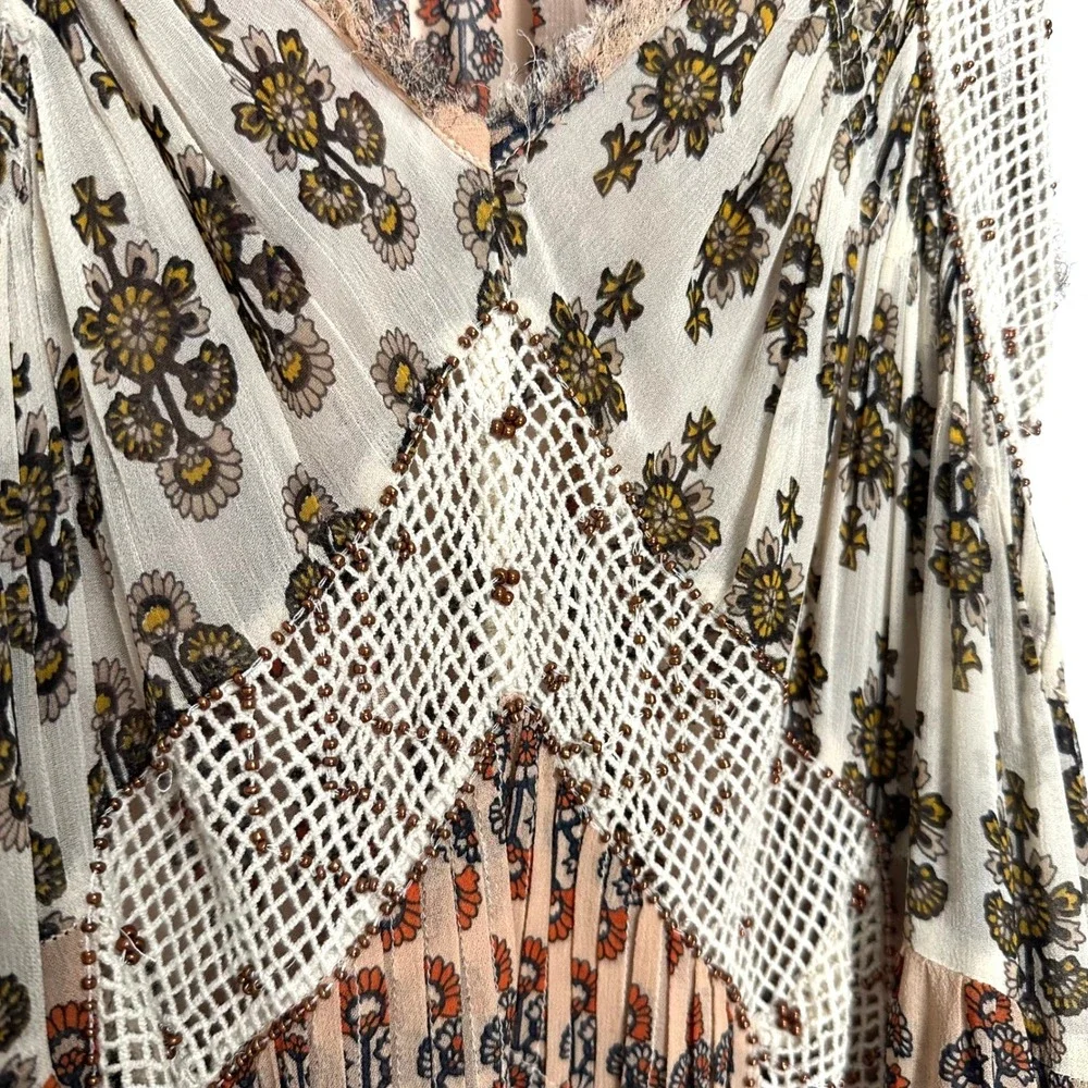 Free People We Broke Free Maxi Dress Peach Floral Crochet Boho Sheer Small